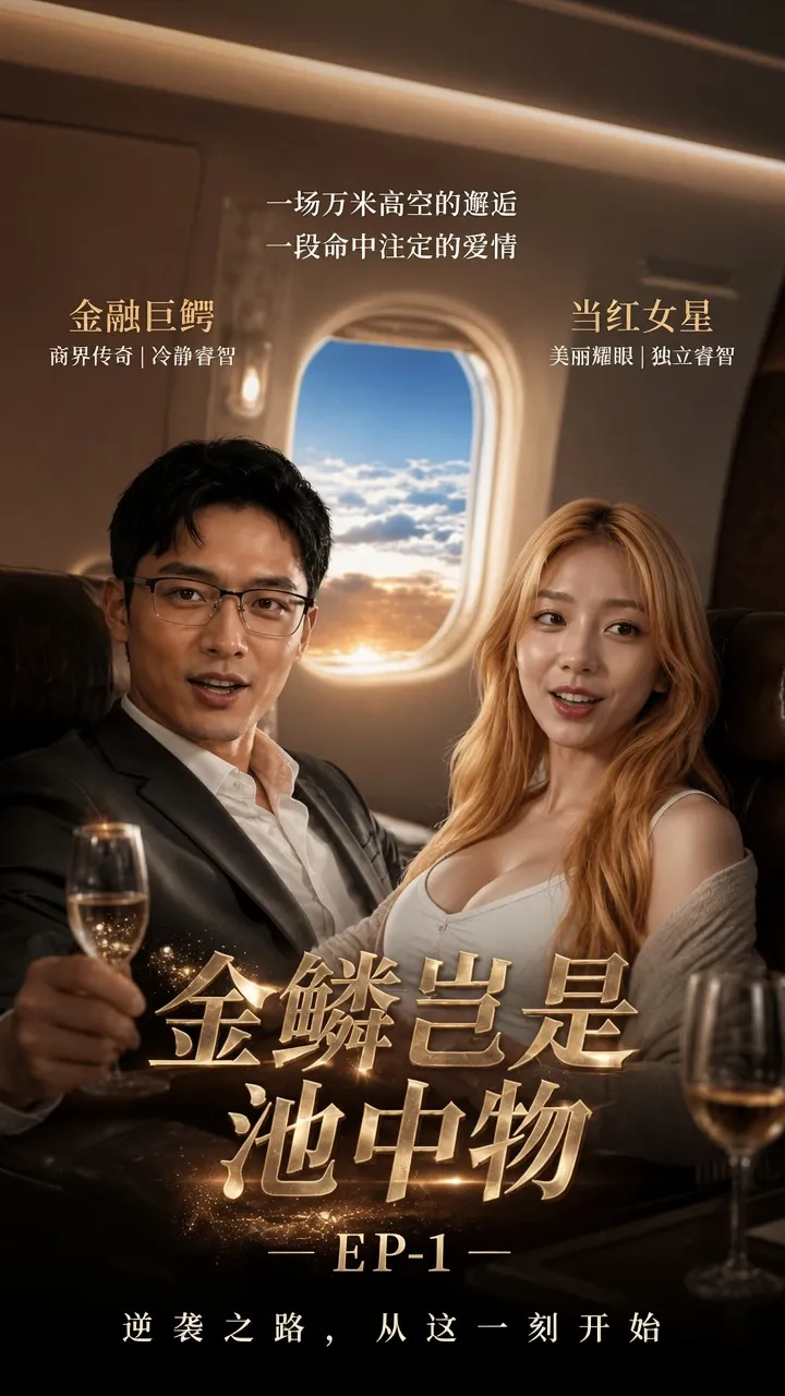 金鳞岂是池中物短剧海报，机舱内男女举杯相谈